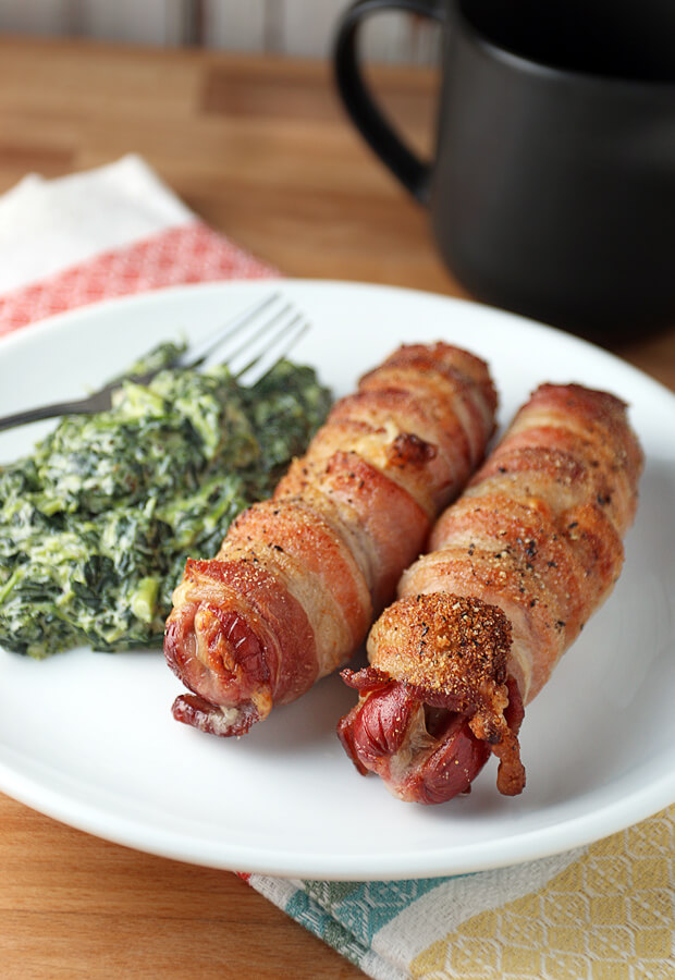 Easy Stuffed Bacon Wrapped Hot Dogs Recipe [Oven Baked]
