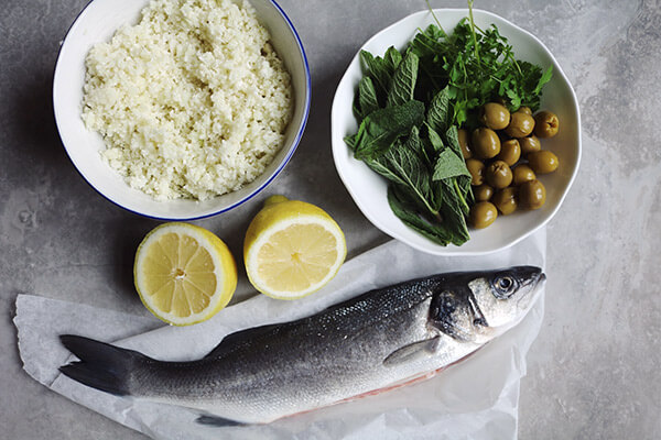 Baked Sea Bass with Herb Cauliflower Salad 