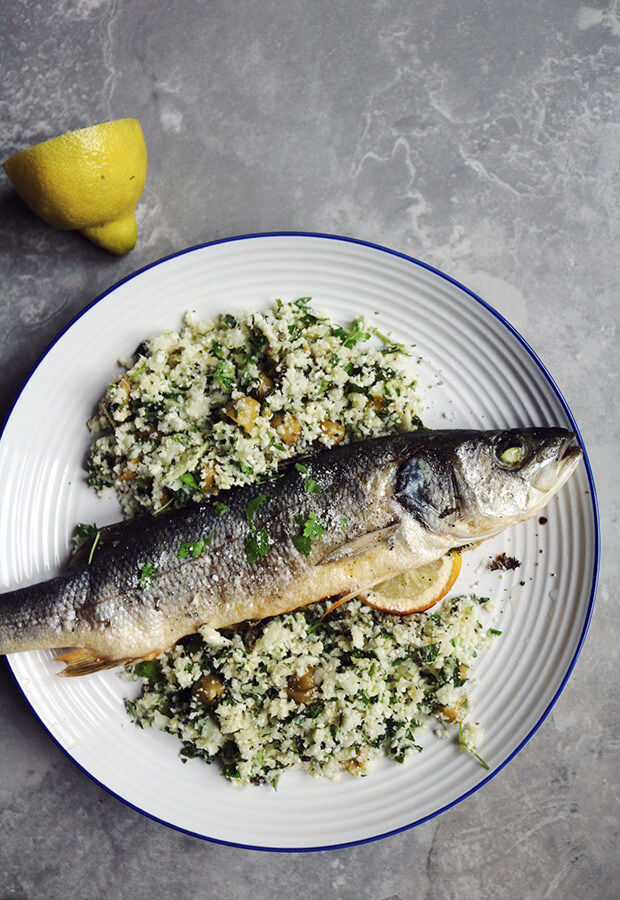 Baked Sea Bass with Herb Cauliflower Salad 