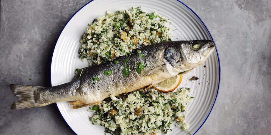 Baked Sea Bass with Herb Cauliflower Salad 