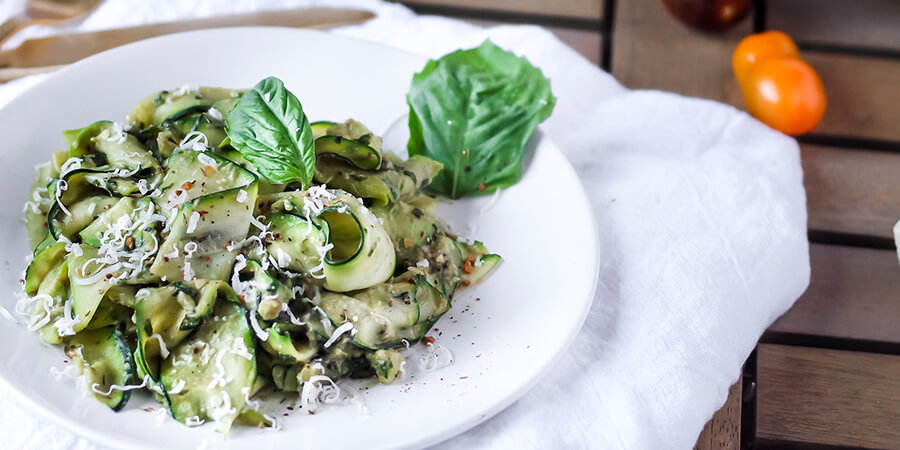 Zucchini Ribbons with Avocado Walnut Pesto