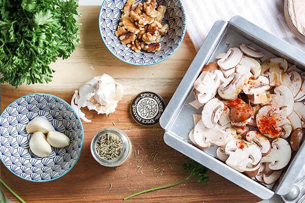 Roasted Mushroom and Walnut Cauliflower Grits