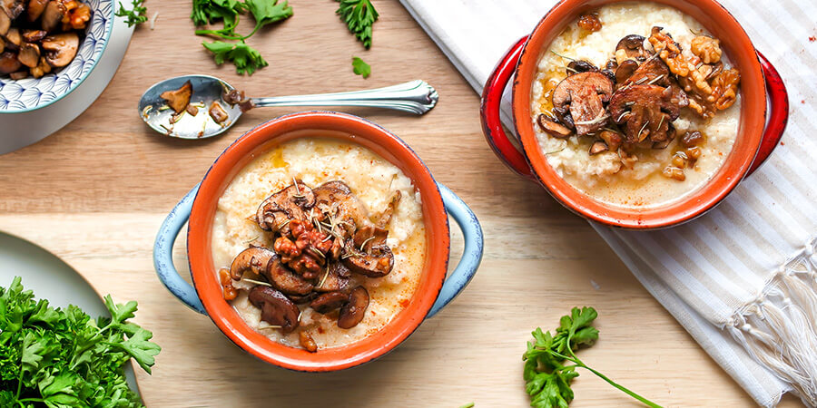 Roasted Mushroom and Walnut Cauliflower Grits