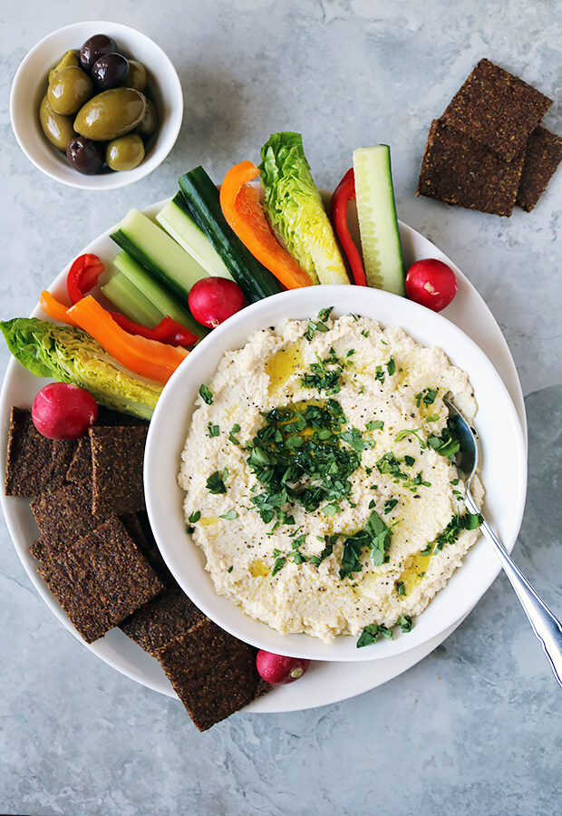 Cauliflower Hummus with Harissa Crackers