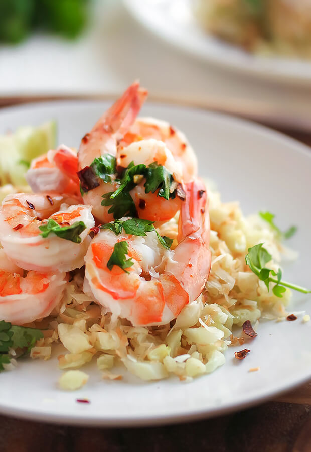 Cilantro Lime Shrimp with Crispy Coconut Caulirice