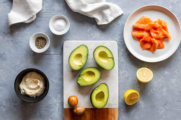 Halved avocados.