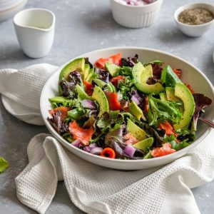 Spring Mix, Avocado, and Salmon Salad Featured