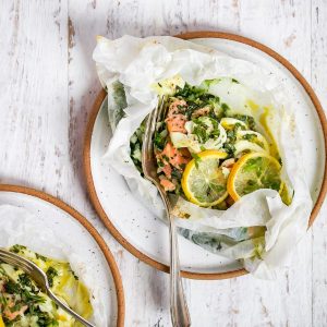 Salmon en Papillote with Spinach and Eggs Featured