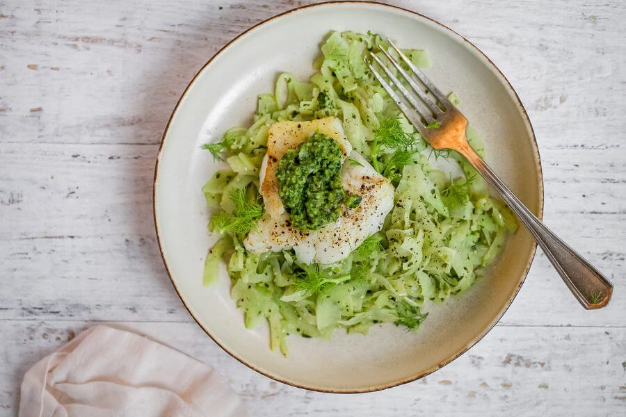 Keto Pesto Cod with Fennel Noodles