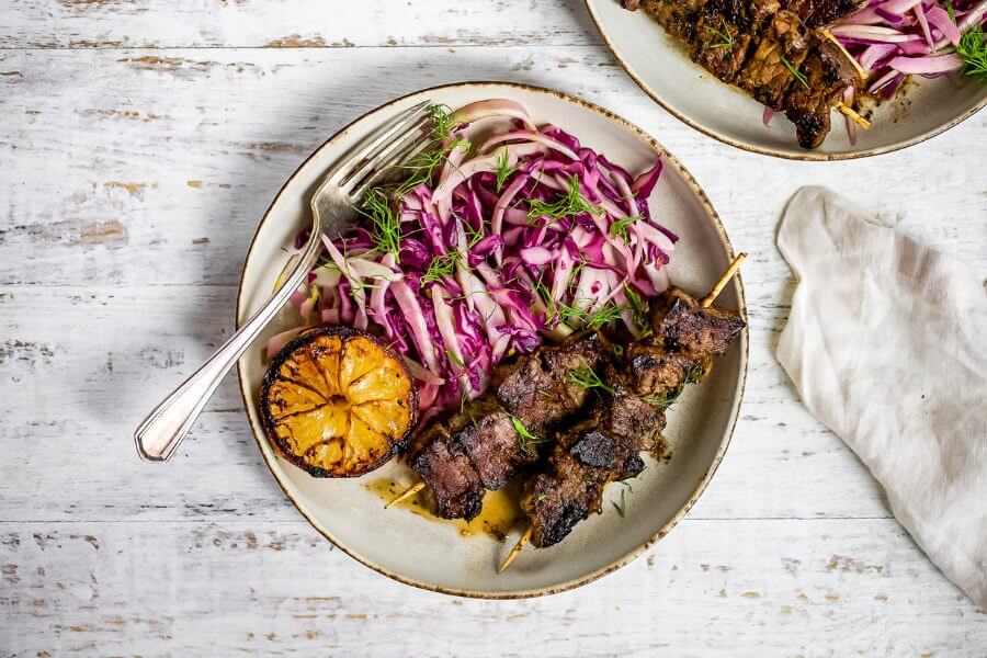 Keto Garlic & Tarragon Beef Skewers with Fennel Slaw