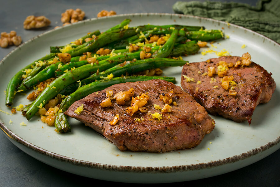 Sirloin Steak with Lemon Walnut Green Beans